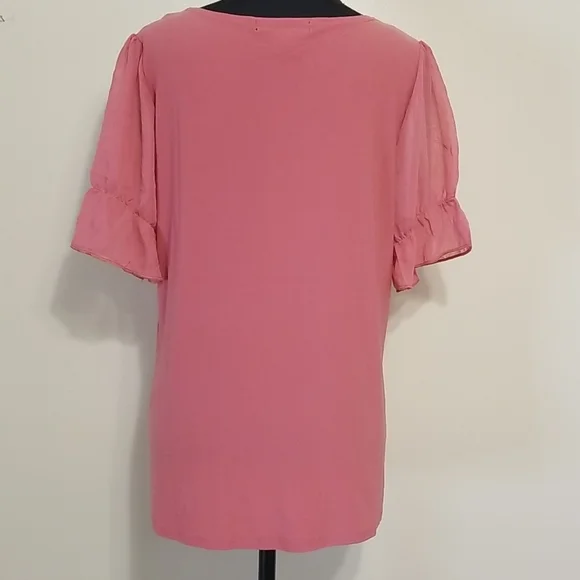 Adele & May Blush Pink Rhinestone Neckline Sheer Sleeve Blouse Career Office L - Picture 7 of 9